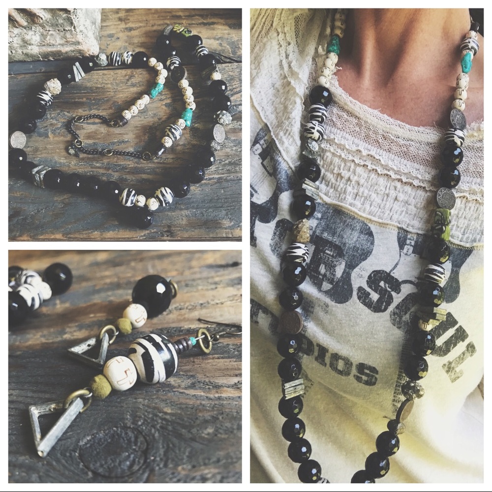 Chain of Love Artisan Black and White Beaded Necklace and Earring Set